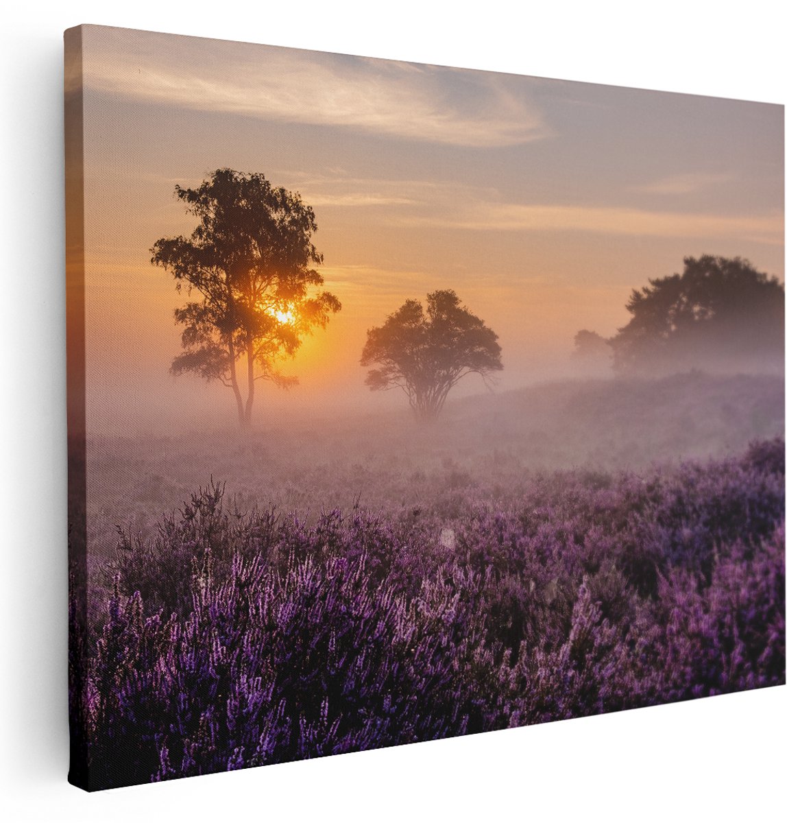 Artaza Canvas Schilderij Weide in de Veluwe bij Zonsondergang - 160x120 cm - Groot - Wanddecoratie Woonkamer - Schilderijen - Muurdecoratie