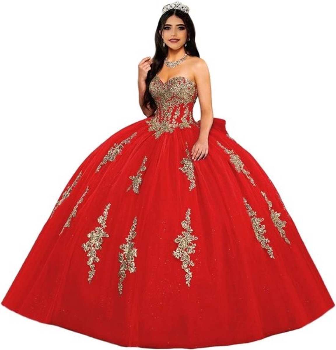 Feestjurk Quinceañera Strapless Baljurk met Hartvormige Halslijn en Gouden Kant