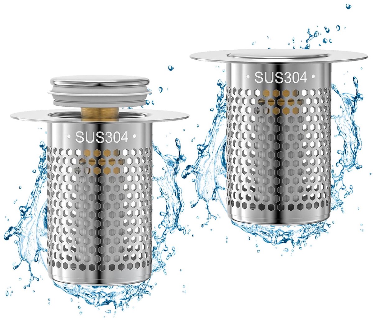 2 Stuks RVS Pop-up Afvoerplug - Universeel - Met Filterzeef - Voor Wastafel en Keuken - 34-40 mm