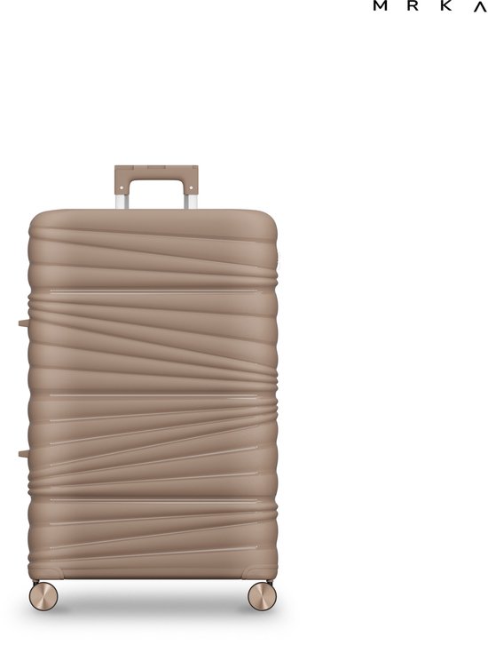 Valise taupe à motif ondulé, poignée rétractable et quatre roues.