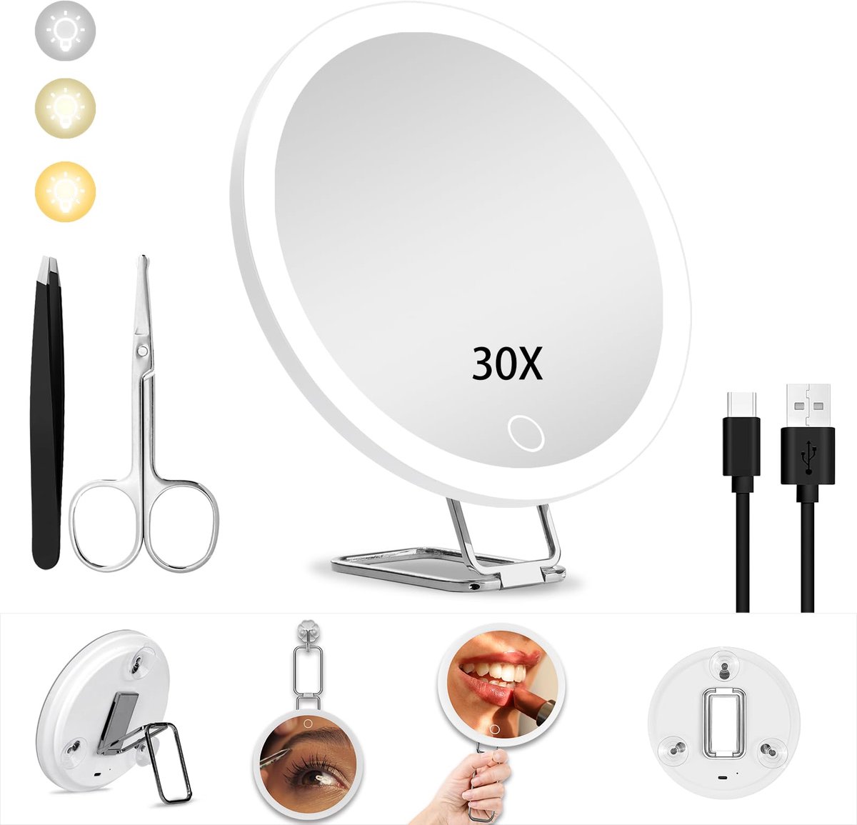 Vergrotingsspiegel - Met LED licht, 3 kleuren dimbaar licht en 360° tafelstandaard - Voor make-up - Draagbaar, 15.24 cm met 3 zuignappen