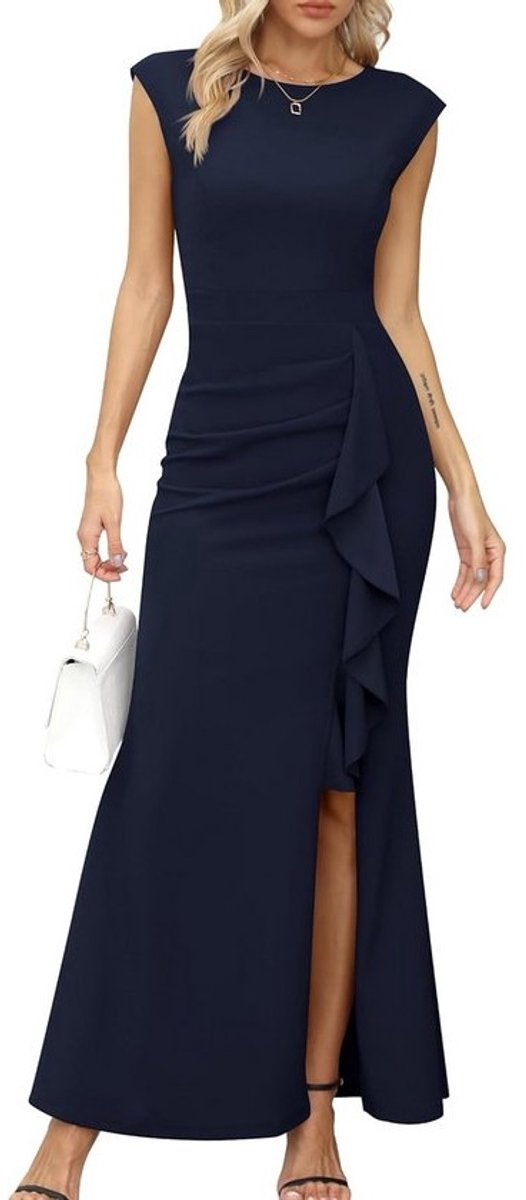 Elegante Maxi Avondjurk Dames met Vleugelmouwen en Split - Geschikt voor Feest of Bruiloft