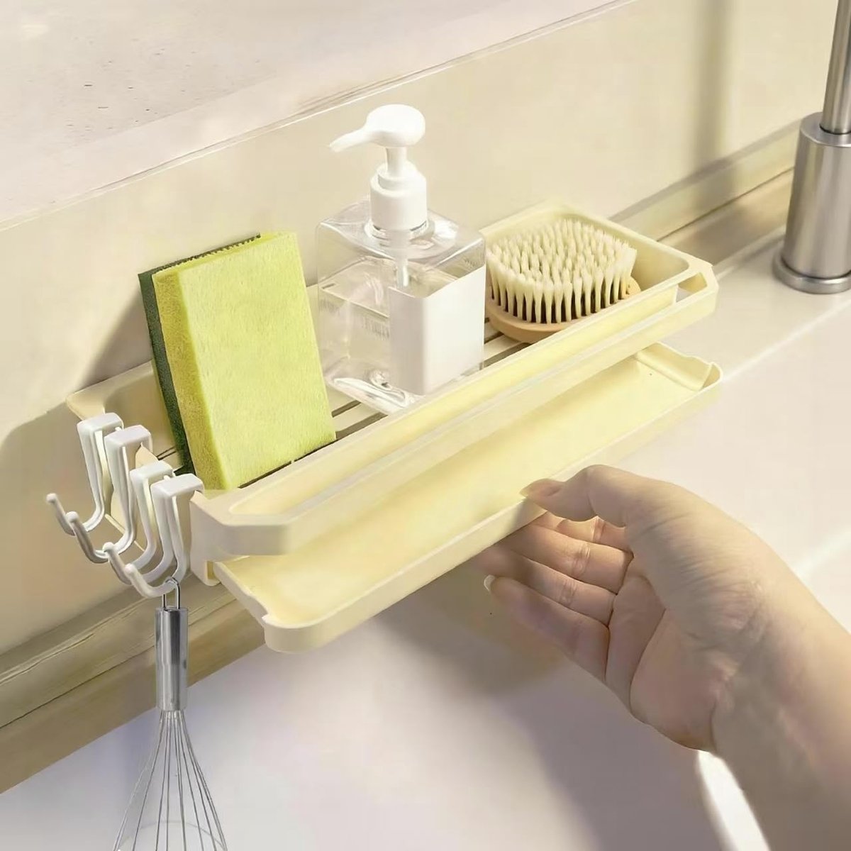 Spoelbak Organizer Set - Zonder Boren - Hangend - Met Sponshouder, Doucherekje, Haken en Afvoerbakje - Voor Keuken Badkamer Wastafel Spoelbak - Wit
