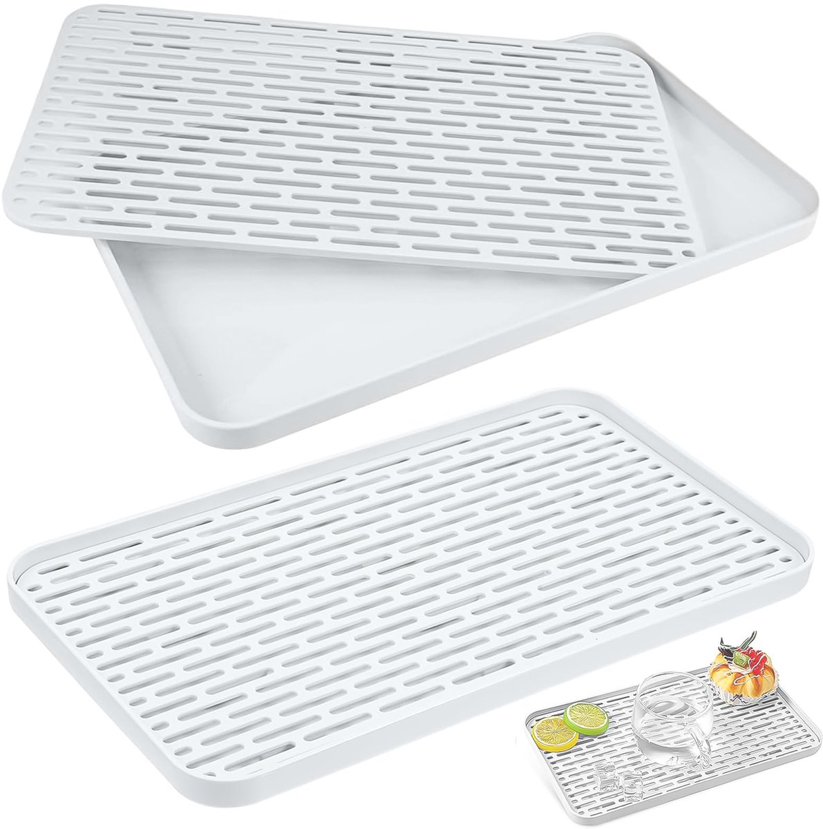 Afdruipmat met Opvangbak - Multifunctioneel Afdruiprek voor Kopjes & Servies - Wit - 2 Stuks - 31 x 17.5 x 2.2 cm