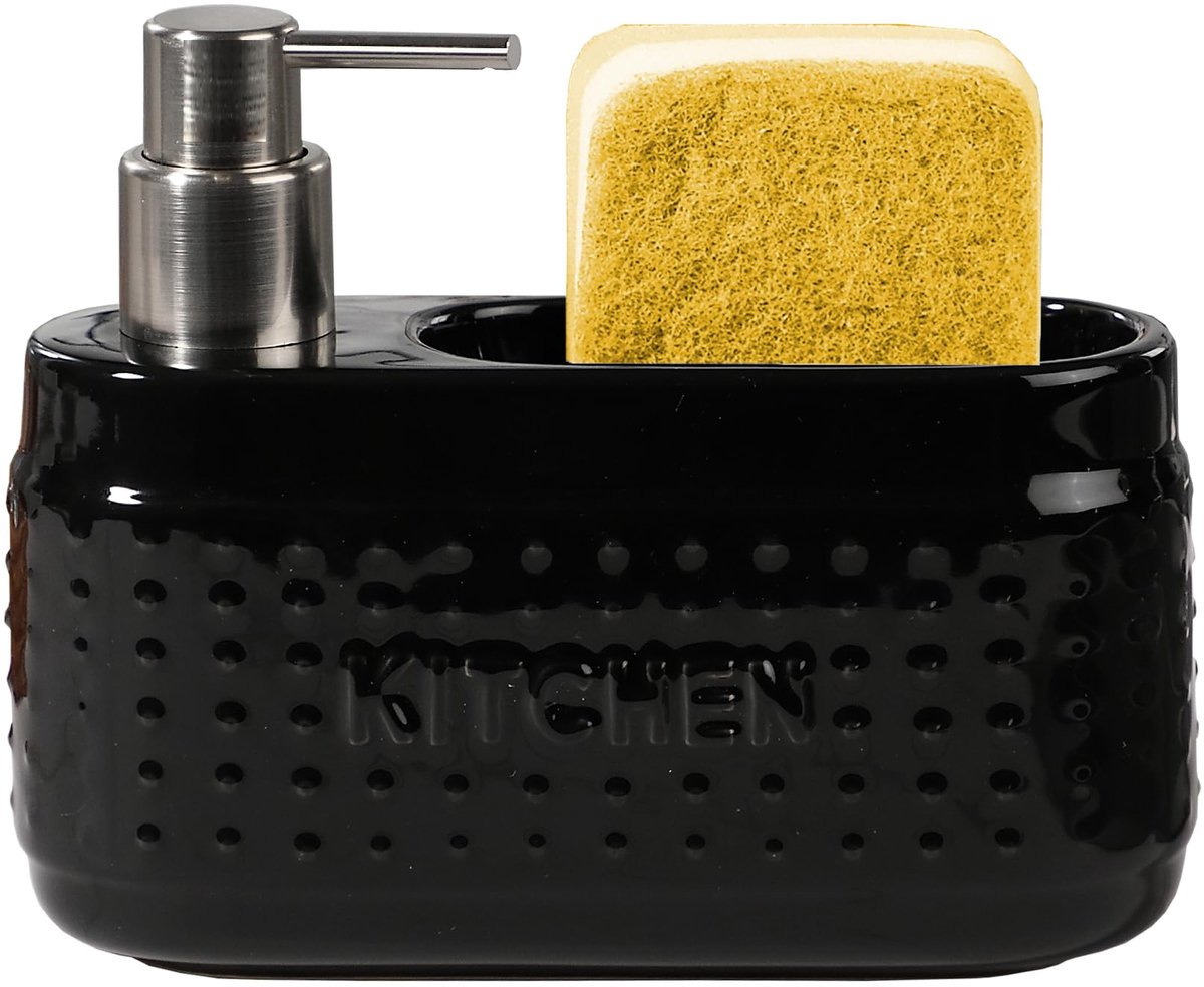 Zwarte Keramische Afwasmiddeldispenser - Met sponsjeshouder - Voor de keuken - 600 ml