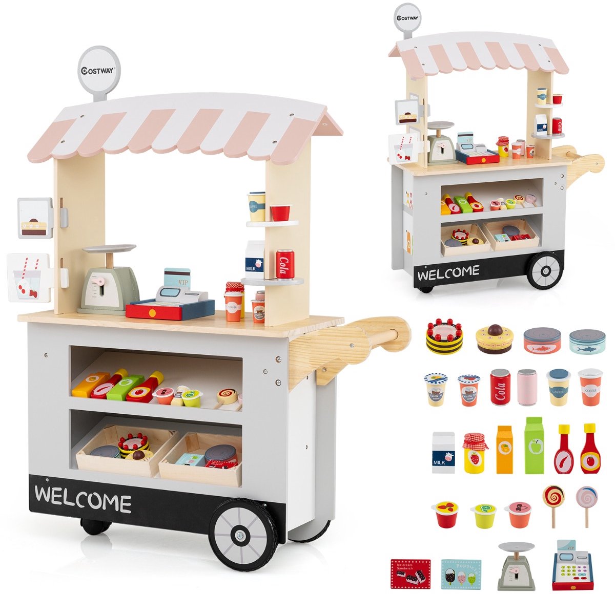 SureDeal® - Rollenspell - Houten Kinderwagen Wielen - Kassa Foodtruck - Kinderen Vanaf Jaar - 75x30x100 cm - veelkleurig
