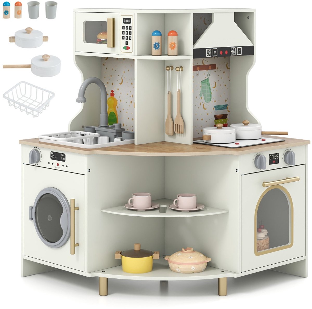 SureDeal® - Rollenspell - Kinderspeelkeuken Houten Hoekkeuken - Werkende Kraan - Gootsteen - 62x62x80 cm - Beige