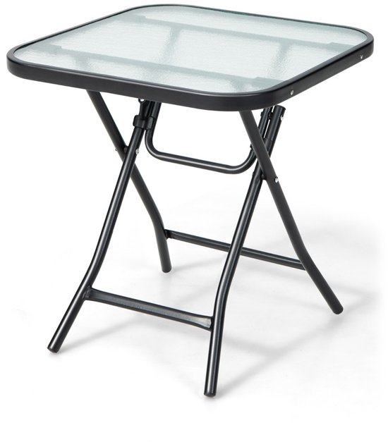 Zwarte inklapbare vierkante tuintafel met glazen blad, staande op witte achtergrond.