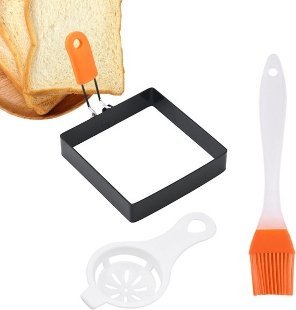 Vierkante Eivorm - Eierring Pannekoekvorm - Ontbijt Maken - Opvouwbaar Handvat - 10 cm Vorm - 3-delige Set