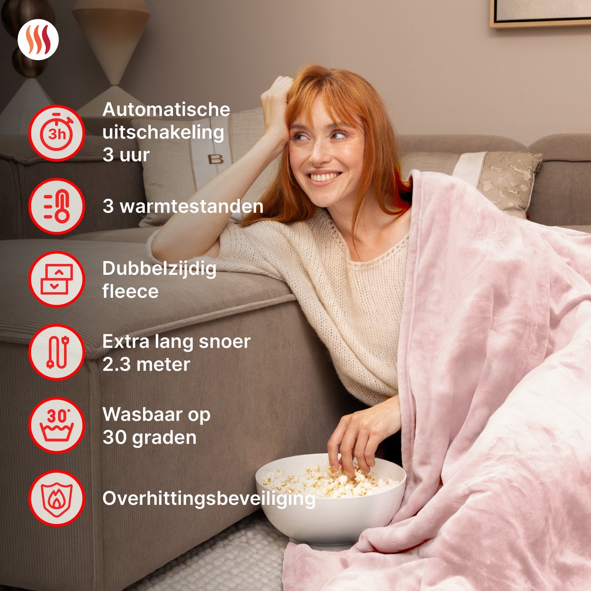 Seranova Elektrische Deken - 160x120 cm - 1 Persoons Warmtedeken - Dubbelzijdig Fleece - Knuffeldeken - Roze – foto 5