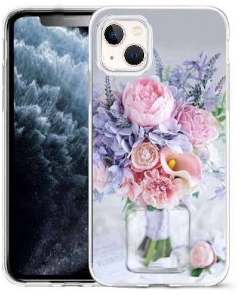 Cityhoesje-iPhone 14 / 13-Bloemen-Backcover - Roze-paars