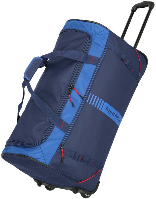 Donkerblauwe reistas met wielen, blauwe accenten en 'travelite' logo.