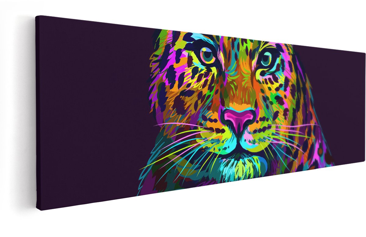 Artaza Canvas Schilderij Kleurrijke Luipaard - Abstract - 150x50 cm - Groot - Wanddecoratie Woonkamer - Schilderijen - Muurdecoratie