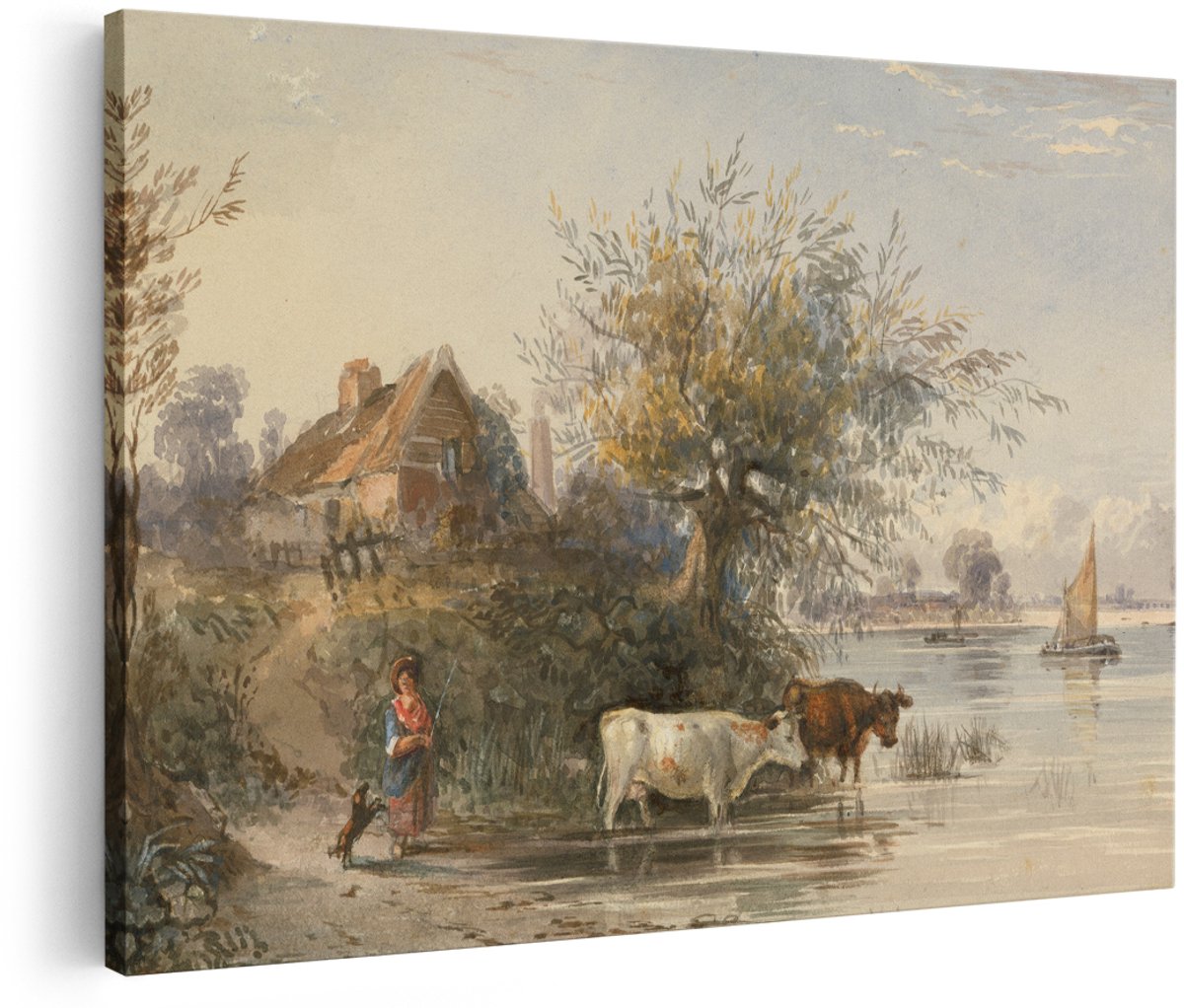 Artaza Canvas Schilderij Landschap - 150x100 cm - Groot - Wanddecoratie Koeien Aan Het Water - Muurdecoratie Natuur - Decoratie Woonkamer