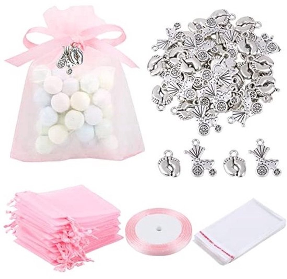 Roze doopzakjes voor meisjes - 50 stuks met doophangers, snoepdoosjes en lint