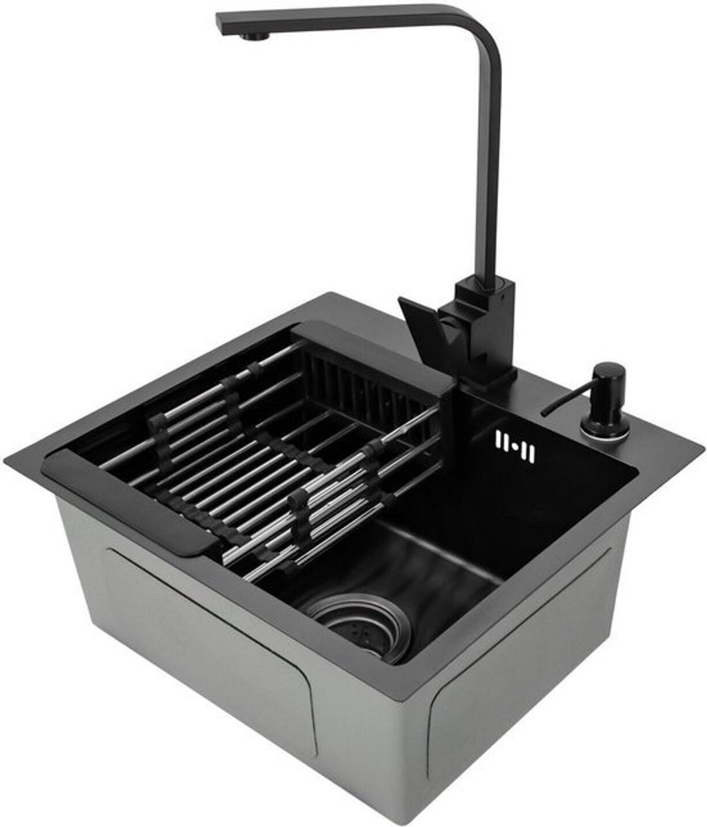 Zwarte Inbouwspoelbak RVS met Kranenset en Accessoires - Compacte Keukenafmeting (45x40 cm)