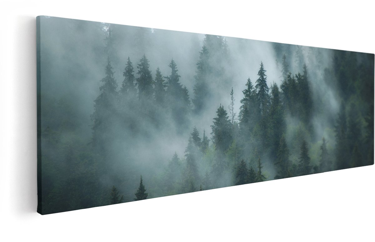 Artaza Canvas Schilderij Bos Met Bomen In De Mist - 150x50 cm - Groot - Wanddecoratie Woonkamer - Schilderijen - Muurdecoratie