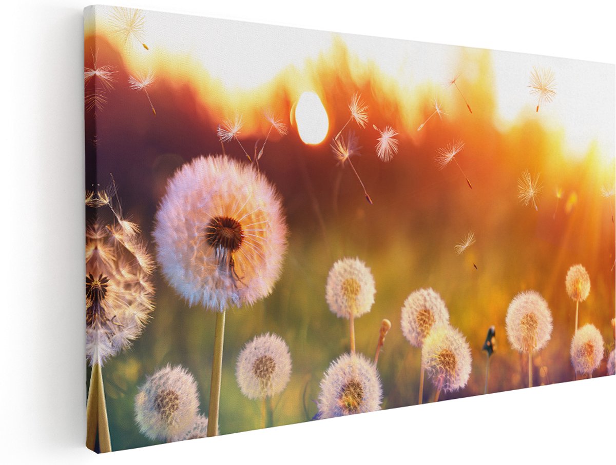 Artaza Canvas Schilderij Paardenbloemen Tijdens Zonsondergang - 140x70 cm - Groot - Wanddecoratie Woonkamer - Schilderijen - Muurdecoratie