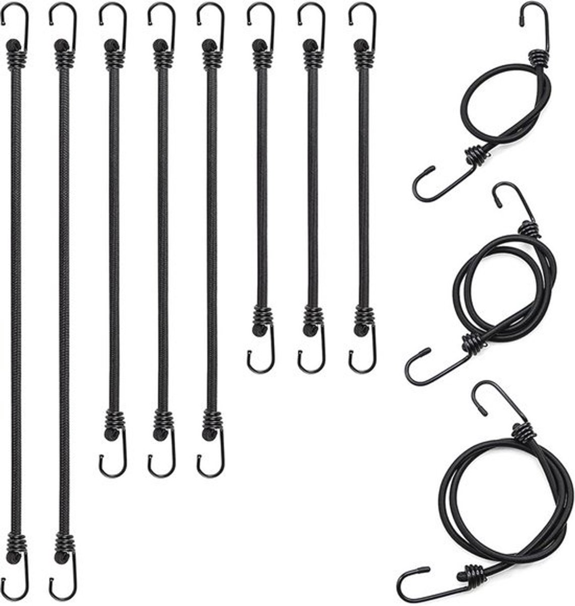 Elastisch touw met haken - Set van 8 elastische banden (3 x 50 cm + 3 x 80 cm + 2 x 100 cm) - Robuuste en duurzame touwen voor diverse toepassingen