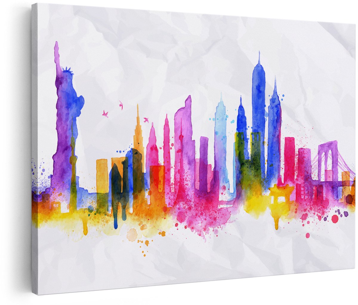 Artaza Canvas Schilderij Kleurrijk New York Van Aquarel - Abstract - 150x100 cm - Groot - Wanddecoratie Woonkamer - Schilderijen - Muurdecoratie