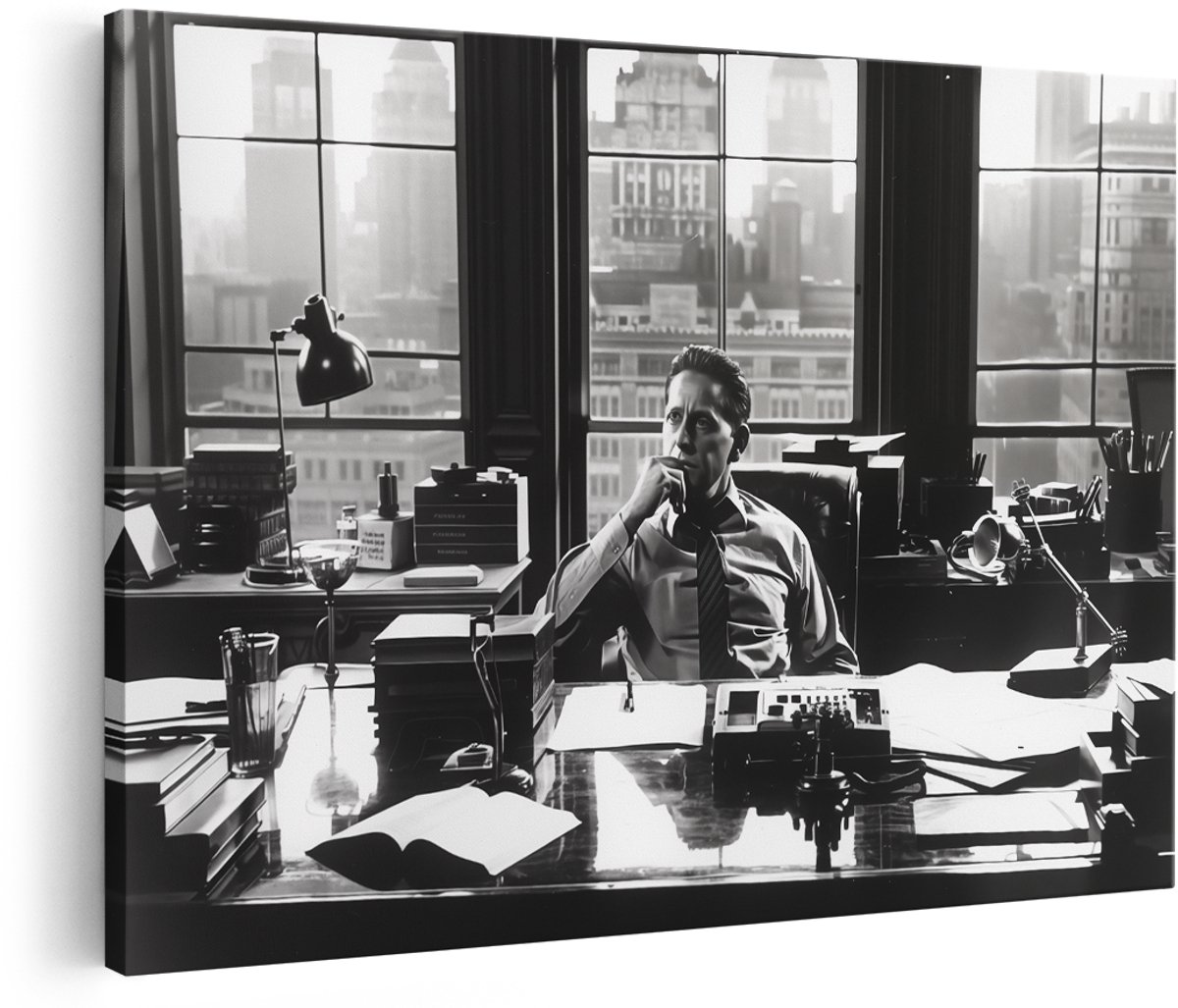 Artaza Canvas Schilderij Man aan een Bureau voor een Raam - 150x100 cm - Groot - Wanddecoratie Woonkamer - Schilderijen - Muurdecoratie