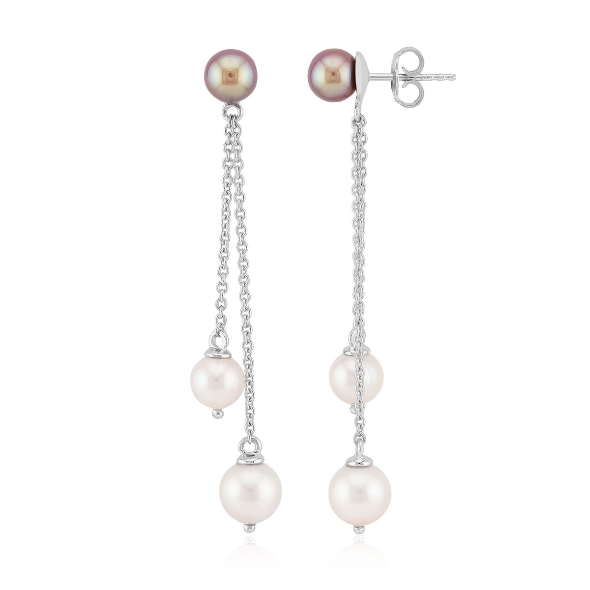 Cavill - Zilveren Oorbellen 925 Sterling Zilver - Japanse Akoya Parels 7-8 mm & Paarse Ming Parels 6,5 mm - Lange Elegante Hangende Oorbellen