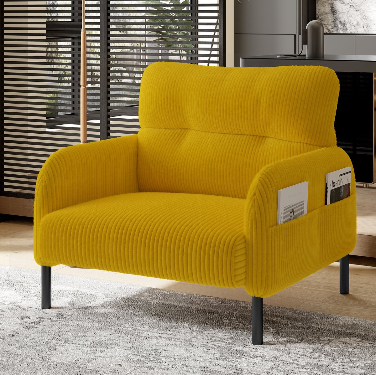 Wishdor Fauteuil - Zachte cordstof met armleuningen en zijvakken - Ergonomische rugleuning - Scandinavisch & basic - Woonkamer slaapkamer kantoor - Geel - 67 x 75 x 79 cm