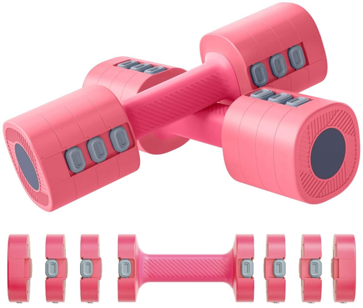 Dumbbelset‑verstelbaar‑4‑in‑1‑5kg‑1‑1,5‑2‑2,5kg‑antislip greep‑kersroze