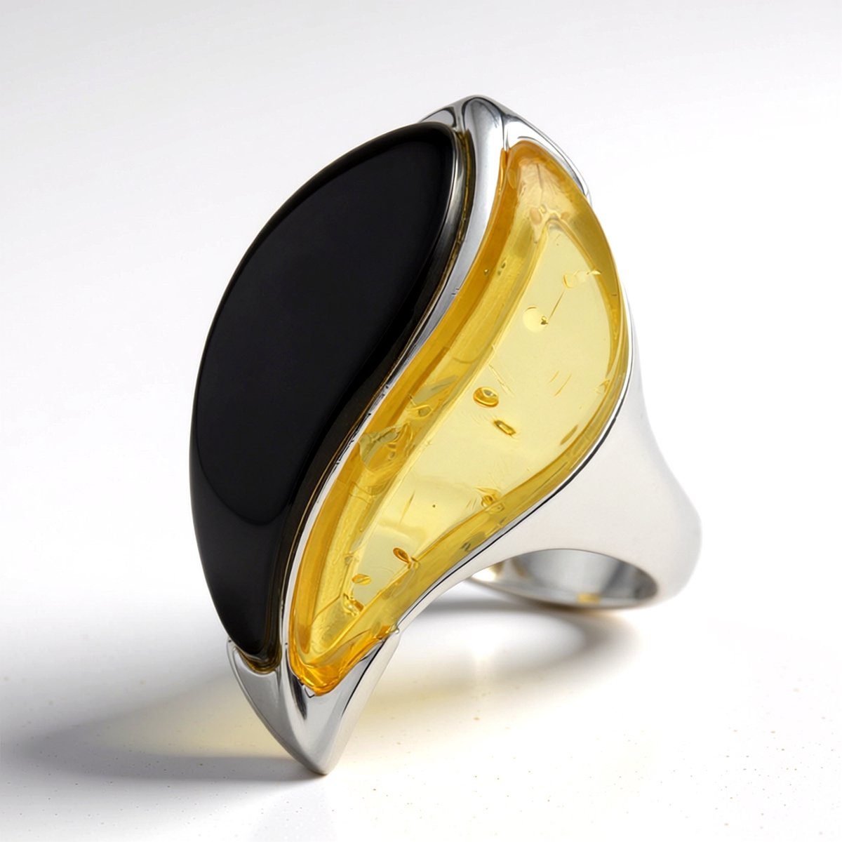 Cavill - Zilveren Ring met 4,4 Ct Baltische Citroen en Groene Barnsteen - 925 Sterling Zilver - Handgemaakt, Elegant, Cabochon Bezel Zetting