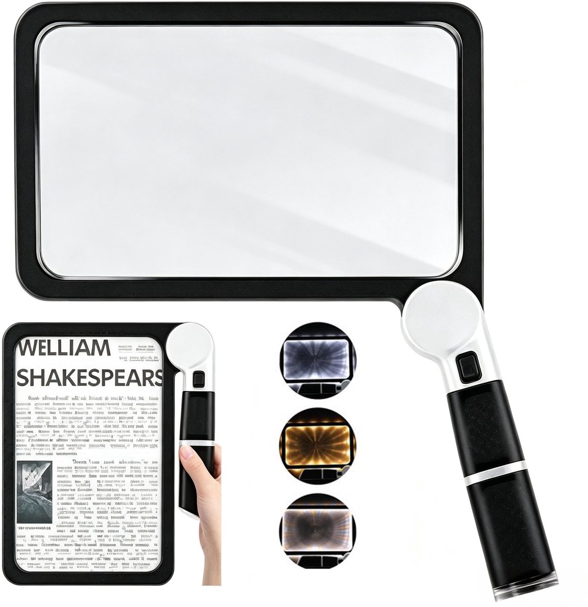 Namajunas - Vergrootglas met verlichting - 5x vergroting - Leesvergrootglas met 48 LED's en 3 verlichtingsstanden - Geschikt voor volwassenen en senioren - Voor lezen, boeken, hobby's, knutselen en voor mensen met een visuele beperking