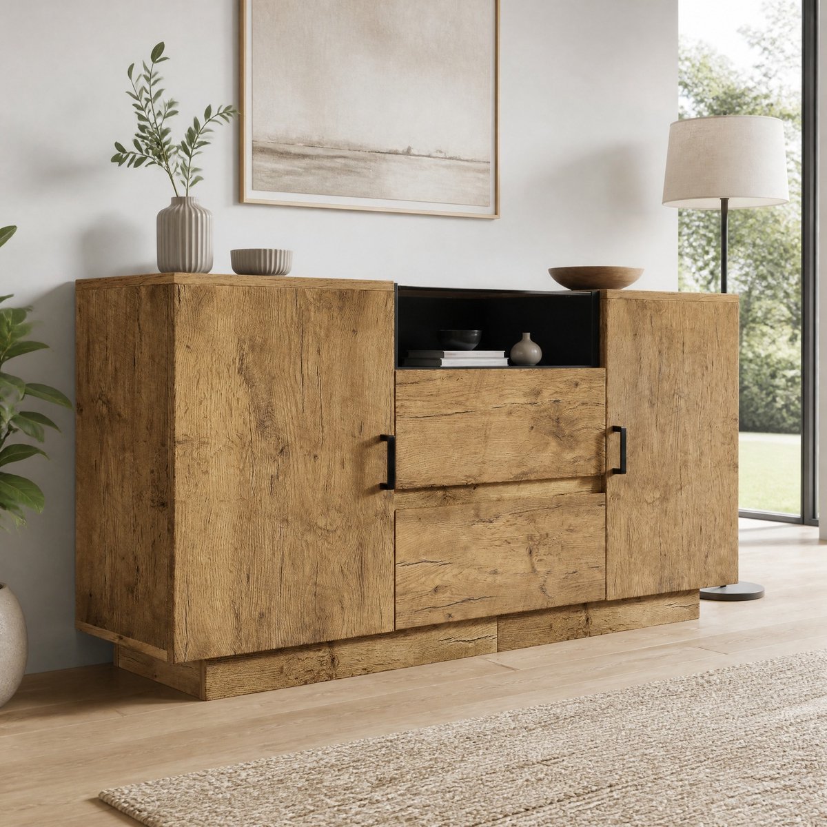 Wishdor Dressoir - 2 lades en 2 deuren - Open vak en verstelbare planken - Eikenlook met esg-glas - Woonkamer eetkamer hal - Licht eiken - 140 x 40 x 70 cm