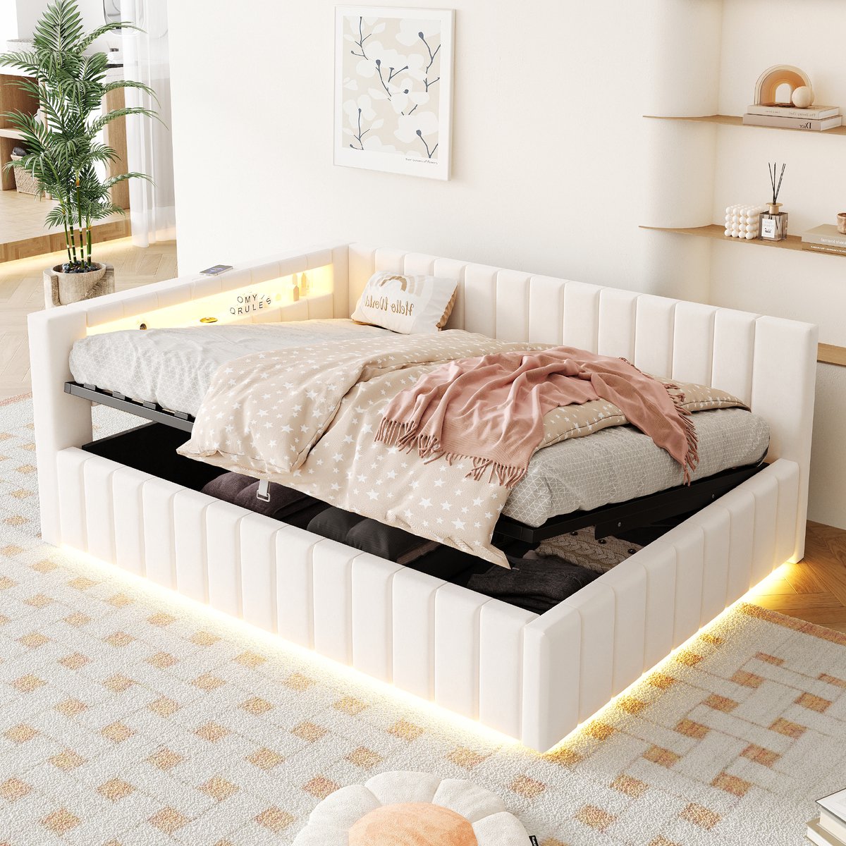 Wishdor Tweepersoonsbed 140 x 200 cm - Opbergruimte en ledverlichting - Usb-laadpoort en lattenbodem - Modern ontwerp - Slaapkamer gastenkamer volwassenen - Stof en mdf - Beige