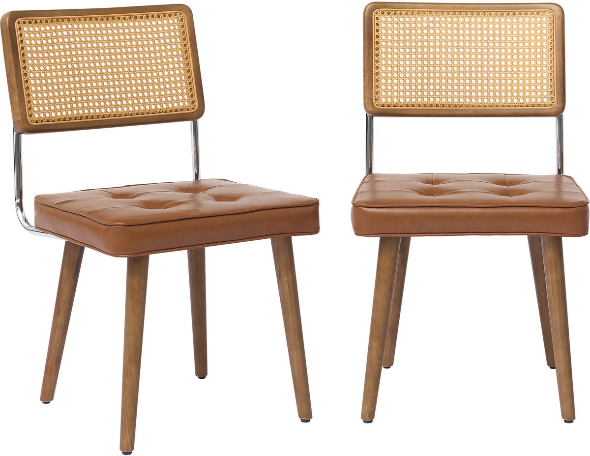 Triumpunpre - Set van 2 Eetkamerstoelen - Mid‑Century Rotan Stoelen - Gestoffeerde Zitting - Massief Houten Poten voor Eetkamer en Woonkamer - PU | Bruin