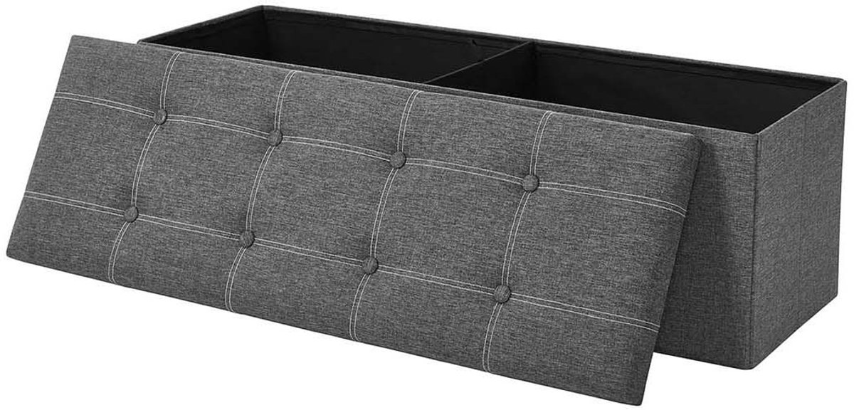 Opbergbank Voetenbank met opbergruimte 110 x 38 x 38 cm Grijs Zachte ademende stof gecombineerd met een zacht en comfortabel zitkussen Max. draagvermogen 300 kg Opvouwbaar en ruimtebesparend Geschikt voor slaapkamer woonkamer en gang