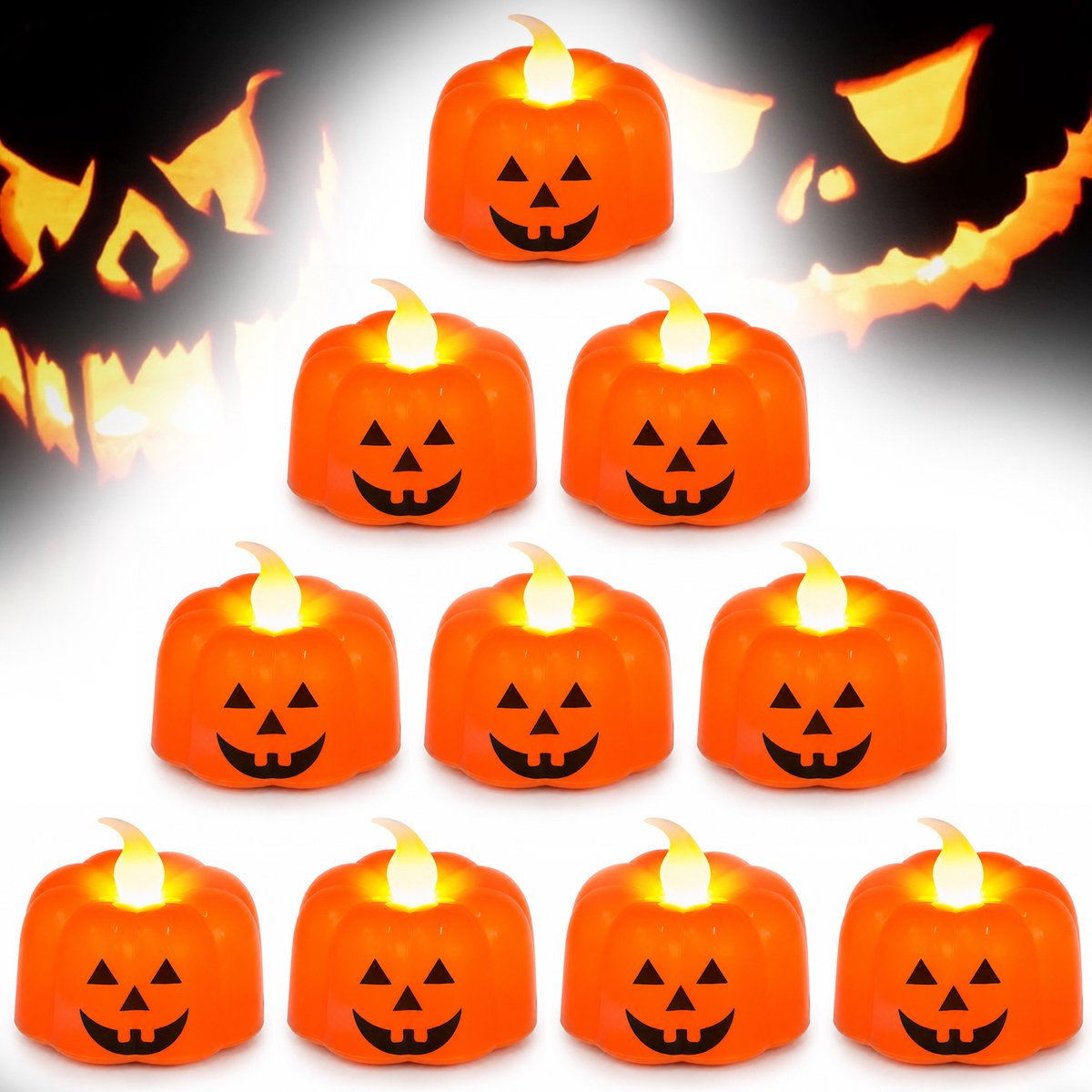 Set van 10 LED-pompoenlampjes voor Halloween – Oranje LED-pompoenlampjes met flikkereffect, op batterijen, ideaal als feestdecoratie