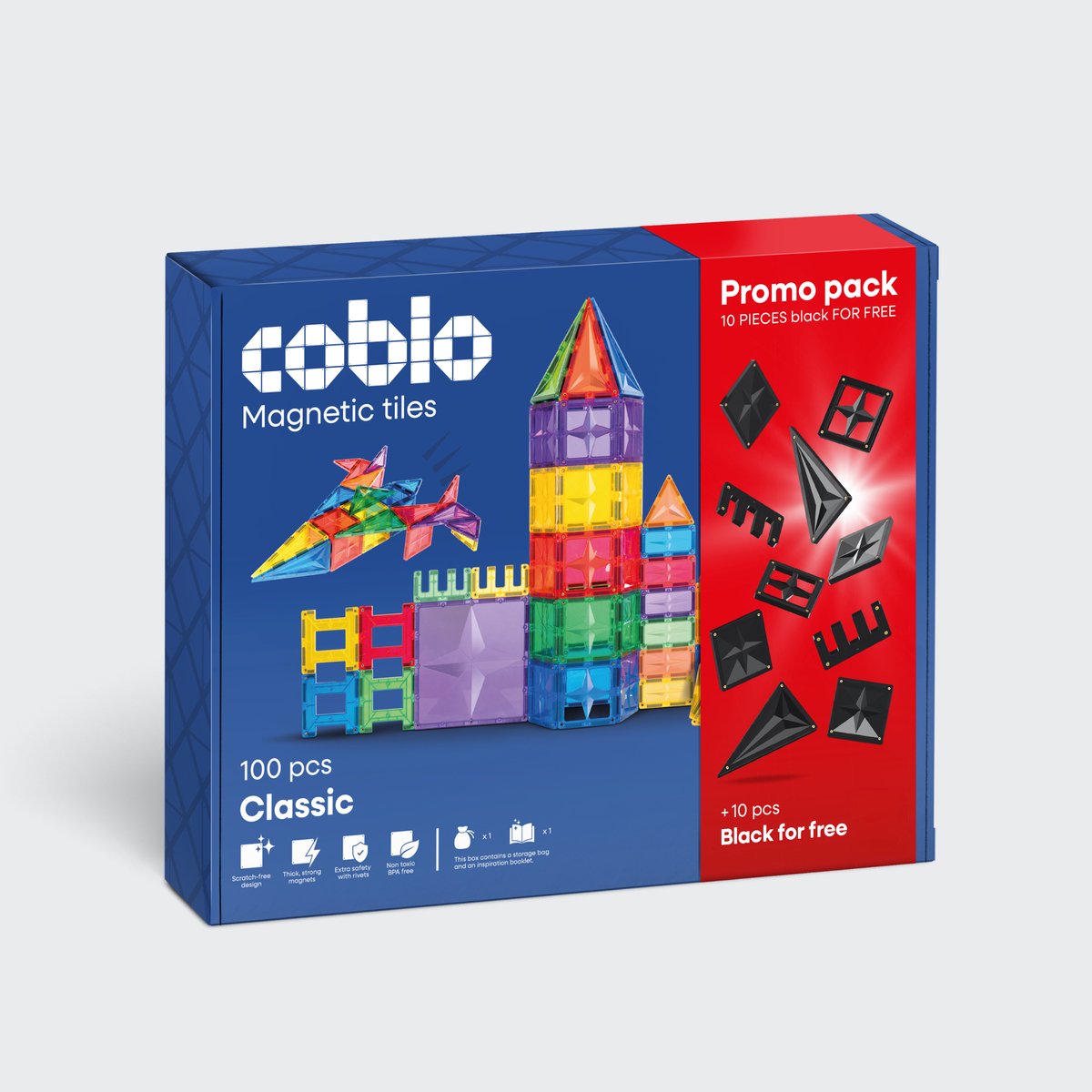 Coblo - Promopack met 10 GRATIS zwarte magnetische tegels – Magnetic Tiles - Classic 100 stuks & 10 GRATIS zwarte tegels – Vanaf 3 jaar