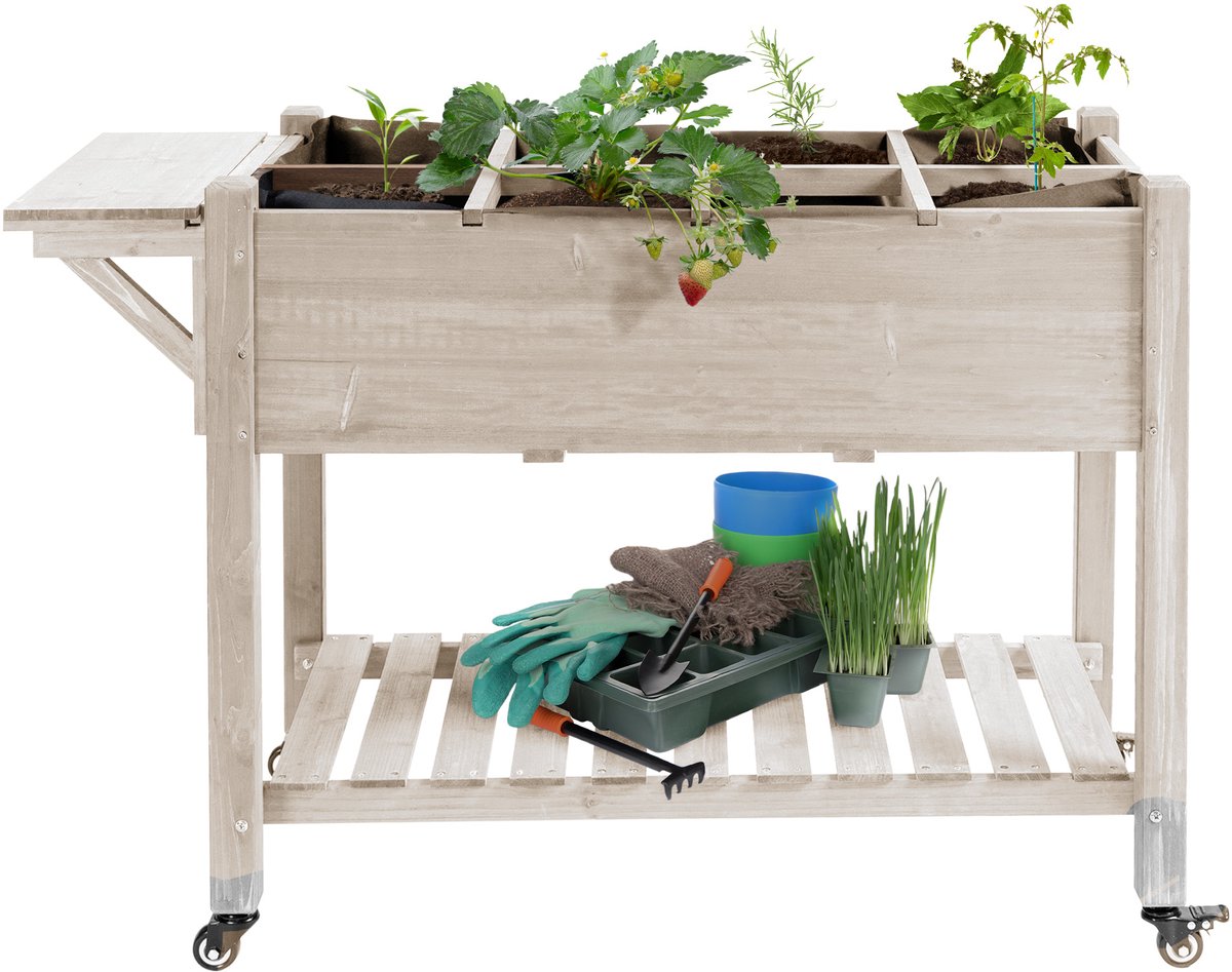 Bloembak op voet, moestuin, wielen, inklapbaar, naturel | Plank, irrigatie-inzetstukken, drainagevilt inbegrepen, voorgeolied dennenhout