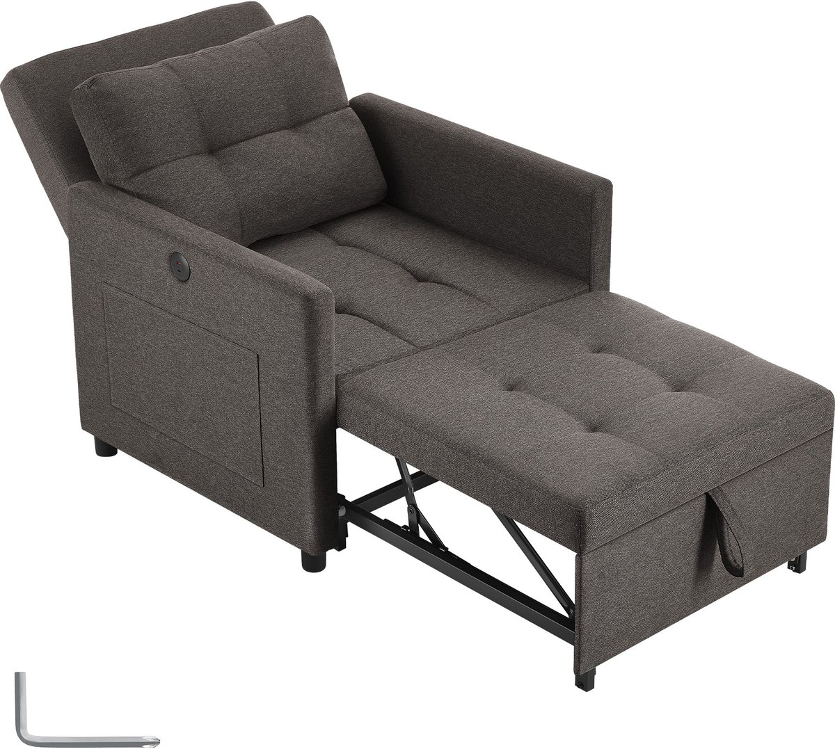 tectake® Slaapstoel 3-in-1 – Fauteuil, Ligstoel en Logeerbed in Eén – 6-Voudig Verstelbare Rugleuning – Relaxstoel met USB-A/USB-C, Zijvakken en Rugkussen – Draagvermogen 150 kg – Donkergrijs