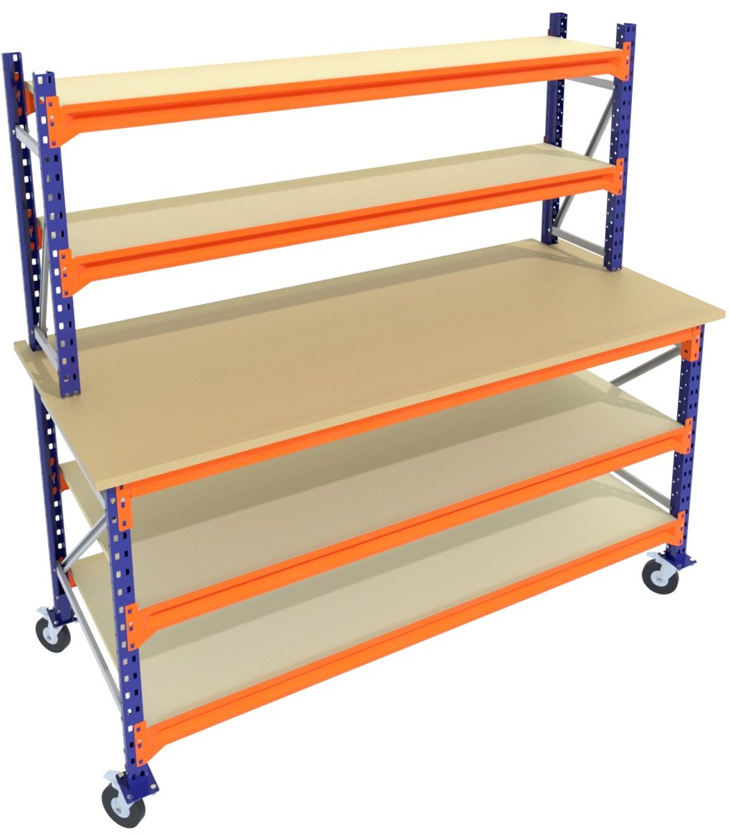 Werkbank of Inpaktafel op wielen met opbouw Blauw 200cmx85cm - 3 niveaus (multiplex, 2 opbouw, zwarte wielen)