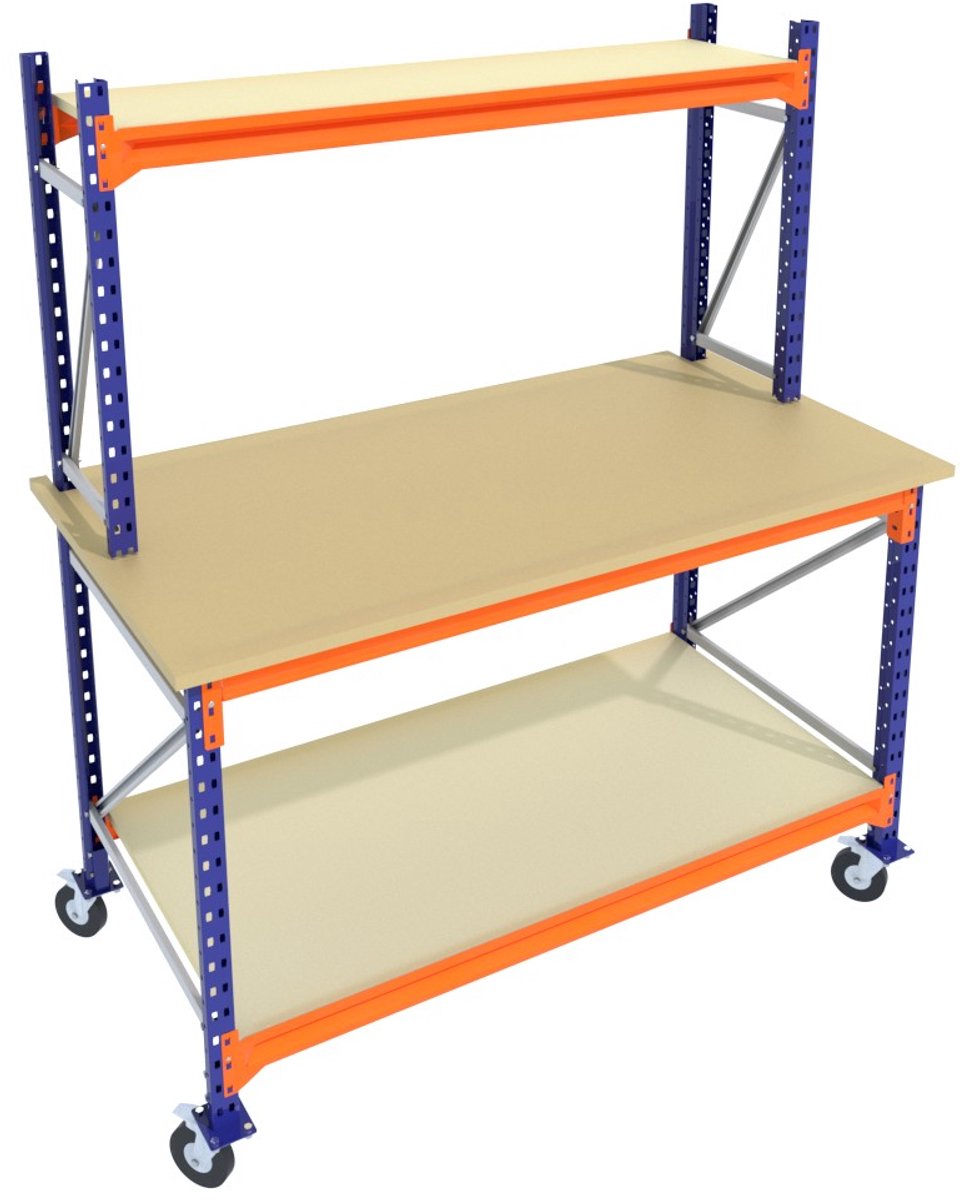 Werkbank of Inpaktafel op wielen met opbouw Blauw 135cmx105cm - 2 niveaus (multiplex, 1 opbouw, zwarte wielen)