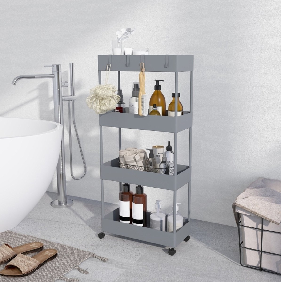 STILVORA Rollwagen Keukenrek Met 4 Lagen En Wielen 40 x 19 x 90 cm ABS Grijs Voor Smalle Ruimtes In Keuken Badkamer En Wasruimte
