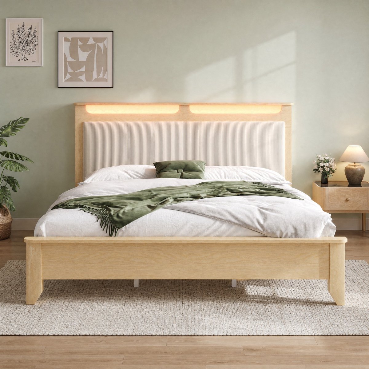 REDOM - Bedframe - Hoofdbord met opbergruimte en LED-verlichting - Met lattenbodem - Moderne stijl - Slaapkamer - Hout, MDF, spaanplaat, stof - Beige en eikenkleurig - 165 x 215 x 110 cm