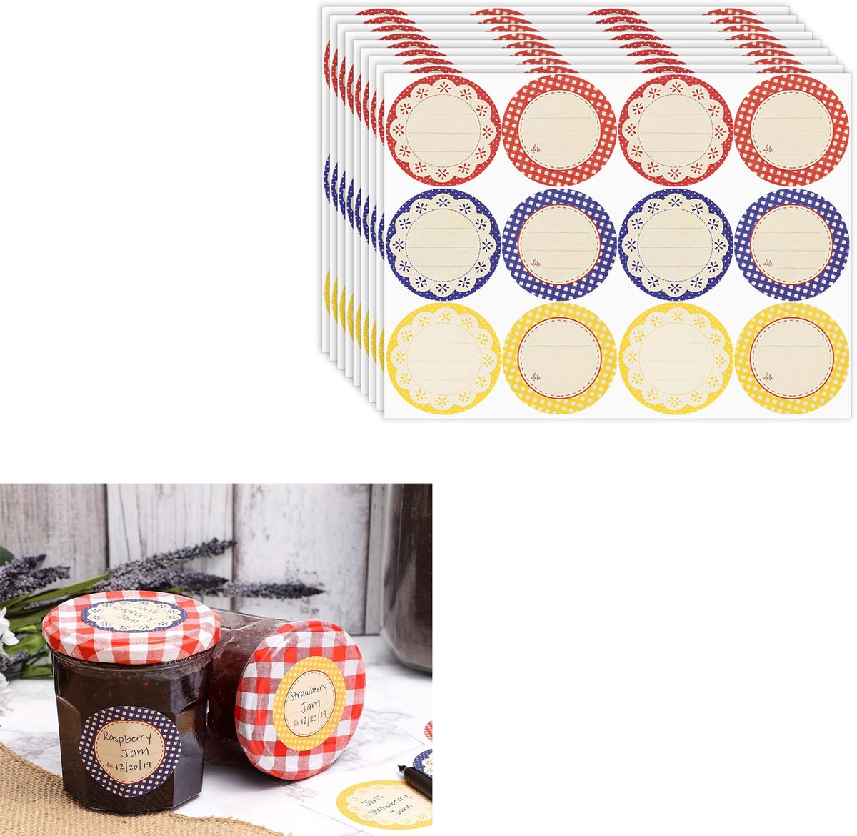 20-stuks Jamstickers - Etiketten - 12 stickers per vel - 15,9 x 12 cm - Beschrijfbaar - Geschikt voor potdeksels, etiketten voor voedselbewaring, luchtdichte verpakkingen en etiketten voor conservenblikken