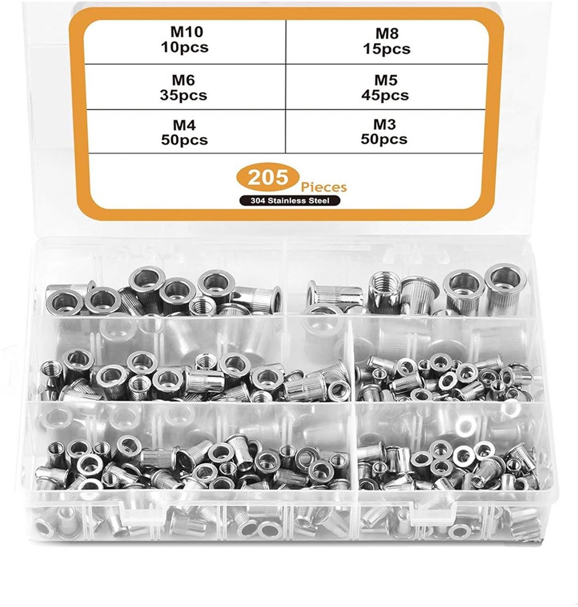 205-delige gekartelde roestvrijstalen klinknagelmoerenset, Rivnut-assortiment