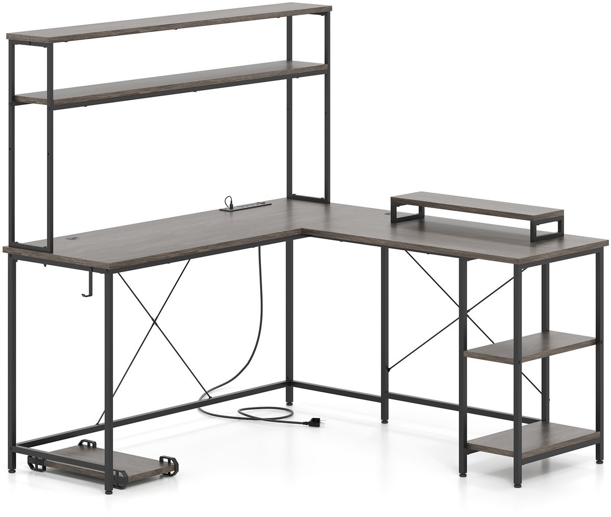 SureDeal® - L-Vormig Gaming Bureau met LED & Stopcontacten - Hout & Metaal - 145x145x147 cm - Grijs - Hoek Computerbureau