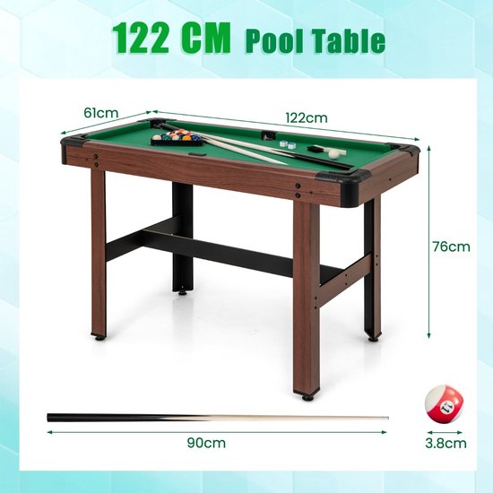 SureDeal® - Biljarttafel 122x61x76 cm - Hout - Incl. Ballen, 2 Keuen, Krijt & Borstel - Verstelbare Poten - Groen Laken - Voor Bar & Speelkamer - Compact van suredeal — afbeelding 3