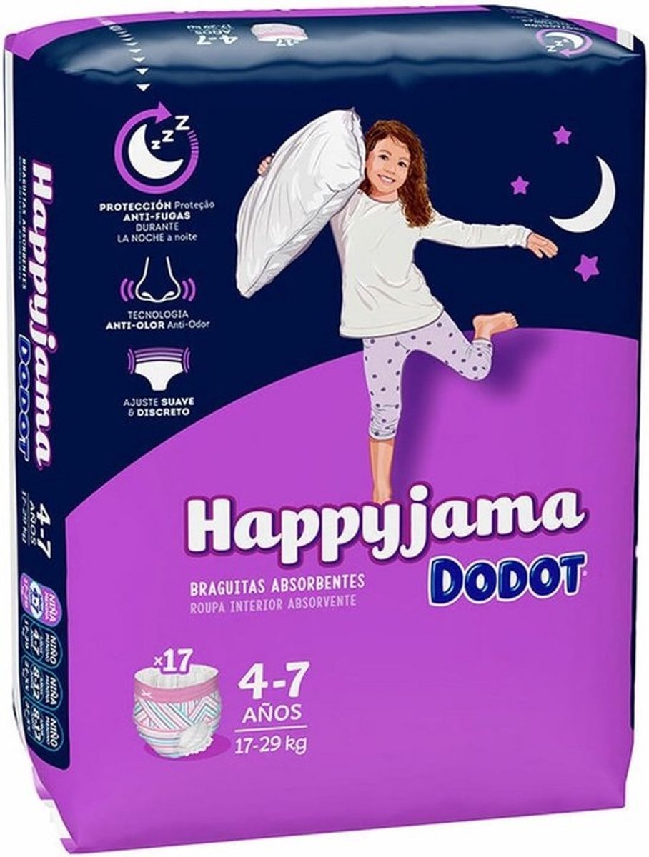 Luiers voor Meisjes 4-7 Jaar, Absorberende Happyjama Slips met Nachtlekbescherming, 17 Stuk, 17-29 kg