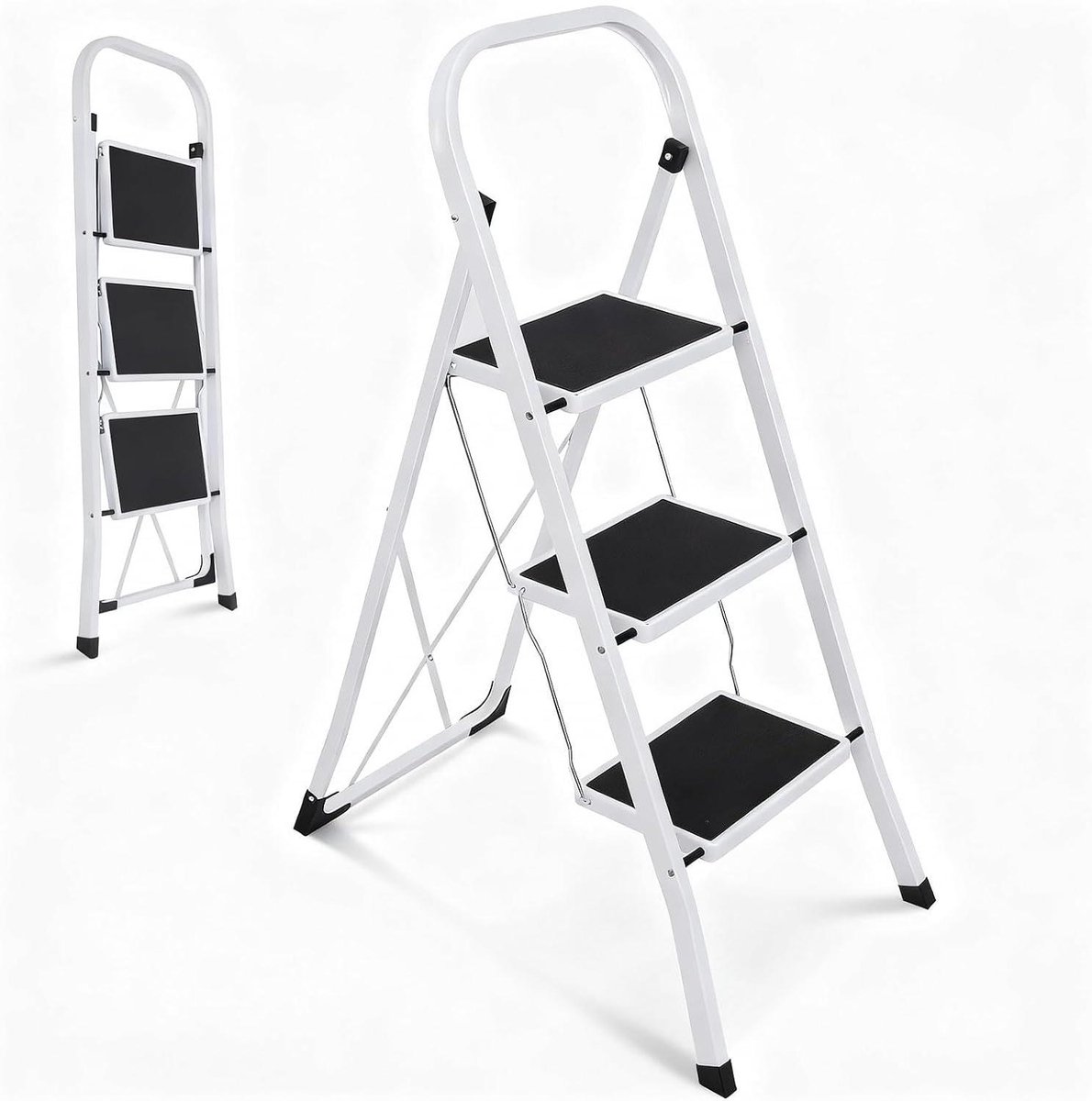 Vouwladder 3 Treden - Opstapladder Inklapbaar - Huishoudelijk Gebruik - SGS-Gecertificeerde Veiligheid - Belastbaar 150 kg - Zwart Wit