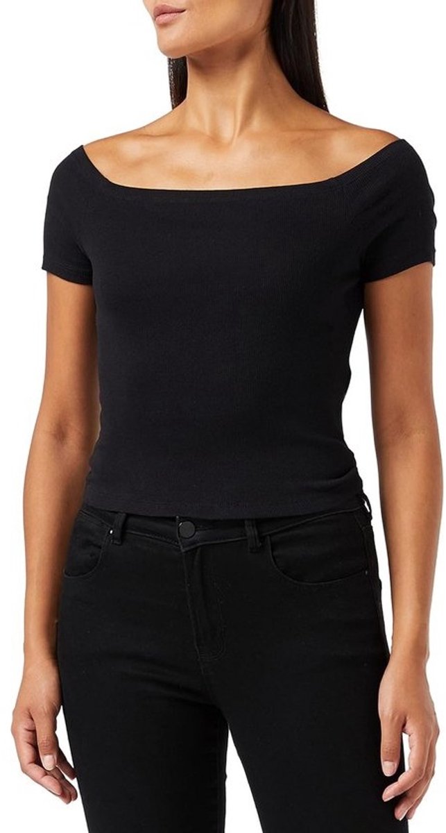 Off Shoulder Geribd T-Shirt voor Dames met Wijde Hals