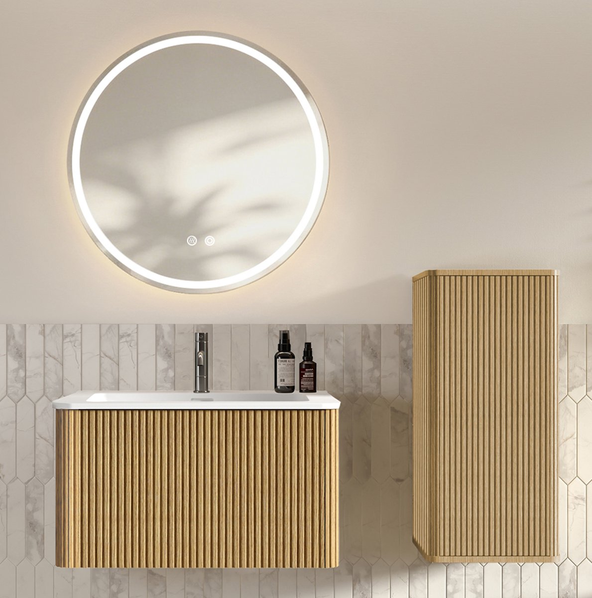 OKWISH Badkamermeubel Set - Hangende Onderkast Met Wastafel En LED Spiegel - Voor Kleine Badkamer En Gastentoilet - Eikenkleur - 81x46,5x80 cm